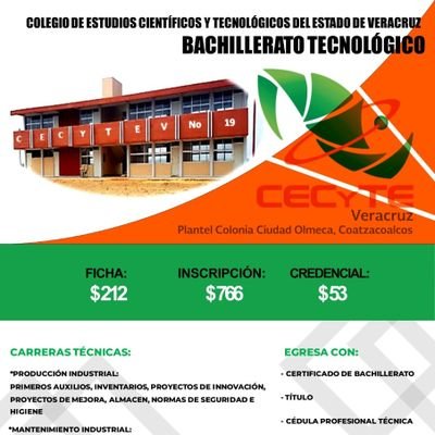 cecytevcoatza's profile picture. Bachillerato Tecnológico. Carreras Técnicas en Mantenimiento Industrial y Producción Industrial. Constancia de competencias laborales, Título y Cédula prof. tec