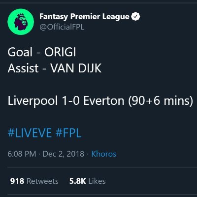 Retweets @OfficialFPL based on goals and assists