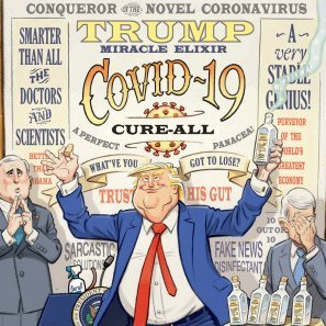 The Diagnosis & Treatment of the Worst Pandemic in 100 years by Stable Genius Dr. Trump illustrated by award-winning editorial cartoonists available August 2020