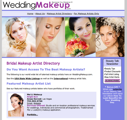 World wide wedding makeup artist directory and beauty resource.