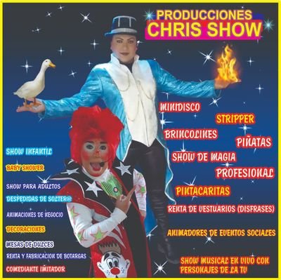 producciones chris show una empresa de espectaculos ..infantil .show de adulto ..renta y fabricacion de botargas ...
comediantes .striper y mucho mas