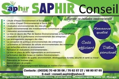 Saphir Conseil est un cabinet d'expertise en évaluation environnementale de droit burkinabè opérant en Afrique. 
+226 75625727
saphirconseilburkina@gmail.com