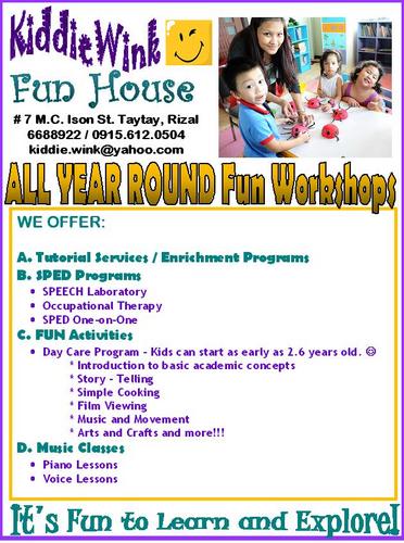 KiddieWink13's profile picture. We have Daycare Program, Piano and Voice Lessons, tutorials, SPED one-on-one, Speech Laboratory and Occupational Therapy. Please contact us. (02) 6688922