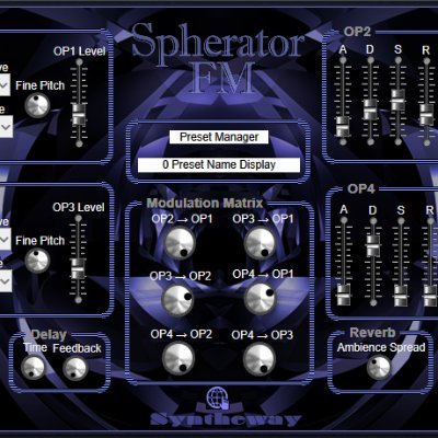 SpheratorFM's profile picture. Spherator FM by @syntheway is a Frequency Modulation Synthesizer in VST, VST3 and Audio Unit Plugins format to generate an eclectic spectrum of sounds