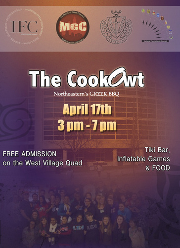 NUCOOKOWT's profile picture. Ready to enjoy a warm Spring day? Come join Northeastern's Fraternity & Sorority Life at The CookOWT located in the West Village Quad on April 17th and its FREE