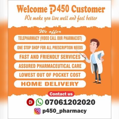 The Official Twitter account of P450 Pharmacy LTD 🇳🇬
Mon-Sun: 8am-9pm
WE OFFER
#Telepharmacy
#DrugStore
#Consultation
#WeightReductionTherapy
#BMI