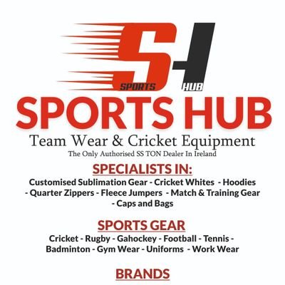 Sports Hub is the Biggest Cricket Store in Ireland,  We sell all the major brands .
specialist in customised club clothing,  Bags , Sublimation gear, hoodies et