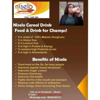 Niselo is a ready to drink sweet-sour probiotic beverage. It is made of white sorghum and probiotics. It gives energy and protein. It is lactose and gluten free