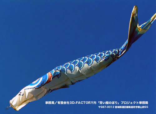 青い鯉のぼりを揚げる時にちょっとだけ東日本大震災で犠牲になった子供達に祈りを捧げてください。→詳しくはホームページをご覧ください。