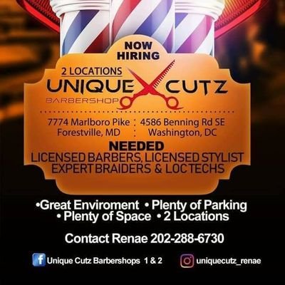 @Unique Cutz @Barbershops is located in DC and MD. We specialize in @Barbers, @Stylist, @Loc Techs, @Braiders Contact 202.288.6730 Renae