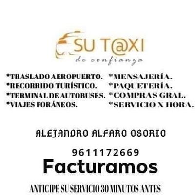 UNIDAD SANITIZADA
Servicio de taxi 100% seguro , discreto y confiable. Servicio local y foraneo. - Servicio al aeropuerto.- paquetería y compras . 9611172669