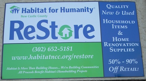We sell donated new and used household goods at 50 - 90% off retail.  All proceeds go to building efforts of Habitat in New Castle County, DE