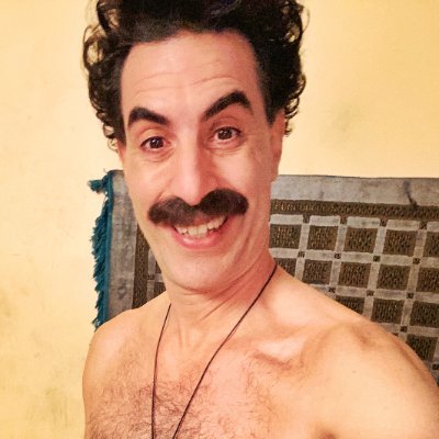 Name: Borat Sagdiyev • Age 536 moons • Length: 19.6 cm • Profession: #4 journalist Repubic of Kazakhstan • Health: Strong, crush syphilis 15 time! #Trump2020