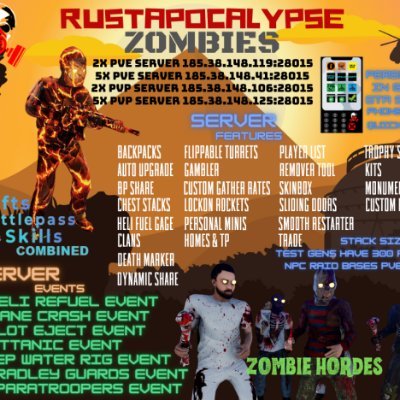 ApocalypseRust's profile picture. Why hello everyone, we host a few different servers on rust, a 5x PVP and PVE server and a 2x PVP and PVE server, come check us out