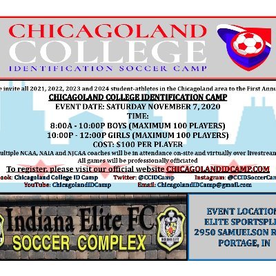 Chicagoland College ID Camp -- Open to all high school soccer players in the Midwest. Looking for all 2021s, 2022s, 2023s & 2024s to attend!