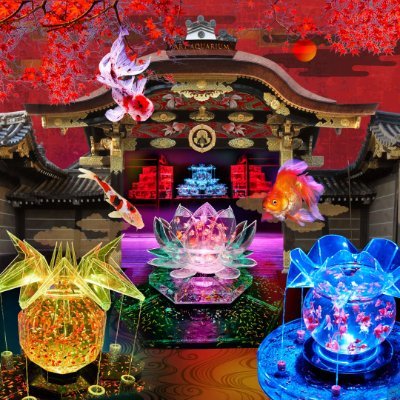 artaquarium_ky's profile picture. 京都の世界遺産・二条城で10/14〜12/7まで夜間（17時～最終入場21時30分）に開催の「アートアクアリウム城～京都・金魚の舞～」は、非公開の二の丸御殿中庭を中心に屋外で展示される水族アート展覧会。
ひらひら泳ぐ本物のきらびやかな金魚や錦鯉の姿を堪能してください、全エリア写真撮影ＯＫ！
