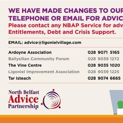 North Belfast Advice Partnership provides free advice on benefits, debt and housing, as well as crisis intervention food parcels across North Belfast.