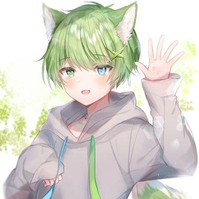 黄緑と水色のオッドアイになりました。メインカラー黄緑。サブカラー水色。推しマ:@🐾🍀 頭の葉っぱは髪留め。配信欲上昇中。18:30に配信します。金曜日の夜はゲーム配信!