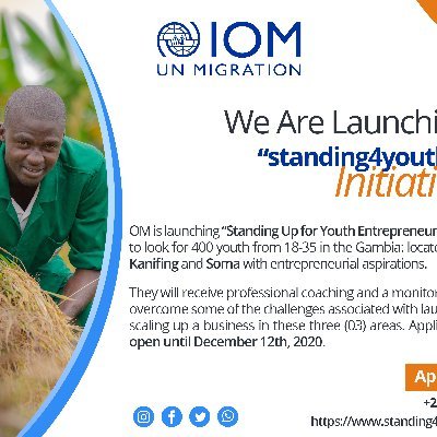 IOM is launching “Standing4Youths” initiative to look for 400 youth from 18-35 in the Gambia: located in Basse, Kanifing, Soma &  their surrounding communities.