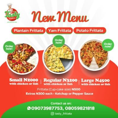 *Online Frittata Vendor🍕🍕
*Doorstep delivery🚛
*Monday-Saturday 9am-6pm
*DM Call/WhatsApp: 09073987753
The best tasty experience in frittata, from Abuja.