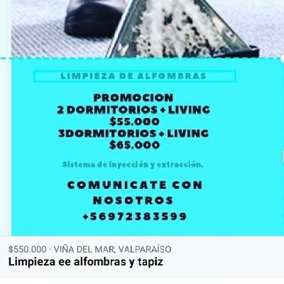 empresa de limpieza, en toda la v region.
limpiamos alfombras, tapices, colchones, vidrios
pre y post mudanzas
+56972383599
