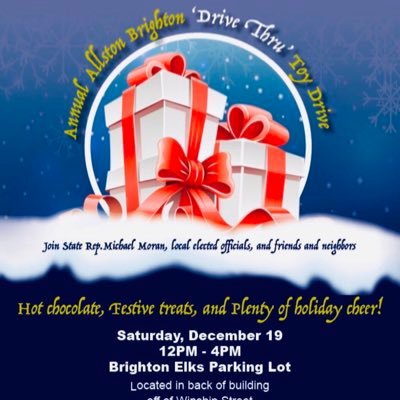 ABToyDrive's profile picture. Annual Allston Brighton ‘Drive Thru’ Toy Drive

Saturday, December 19th 

12:00-4:00PM

Brighton Elks Parking Lot (entrance on Winship Street)