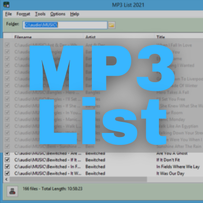 Need to save a list of audio files in a folder to a text or CSV file? Download a free trial of MP3 List and get started!

Tweets by Simon @LibraryPlayer