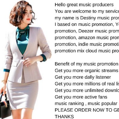 Hello great music producers
my name is Destiny music promoter
I based on music promotion, YouTube music video promotion, and other please contact me and order