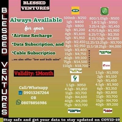 VentureBlessed's profile picture. Airtime and data vendor (50% discount on ur birthday) //dstv, gotv sub// Dm for sponsored airtime/data giveaways