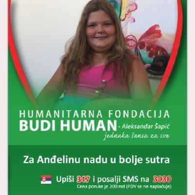 zaandjelinosmeh's profile picture. https://t.co/HxSF85eU8W

Da Anđela hoda, piše, slika, smeje se, diše, živi, pošalji 347 na 3030