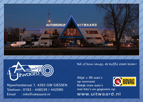 Universeel Bovag Autobedrijf. Voor alles omtrent uw auto komt u naar Autobedrijf Uitwaard in Giessen. Ruime voorraad occasions en een moderne werkplaats.