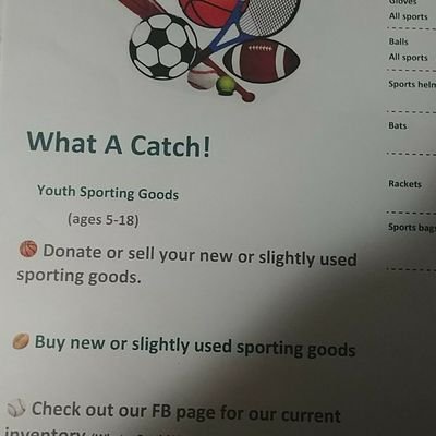 We buy and sell used and new youth sporting goods, ages 5-18. A portion of our proceeds will help pay league and tournament fees for kids.