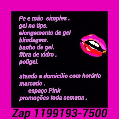 unhas de gel ,
tips,
fibra de vidro ,
poligel,
Banho de gel,
Blindagem,
simples.
Promoções toda semana .
Venha conhecer nossos serviços.
Zap.11991937500.