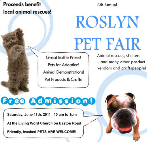 An Abington Township, PA neighborhood Pet Fair (in the Roslyn community) benefitting local animal rescues and shelters. Now in its sixth year!