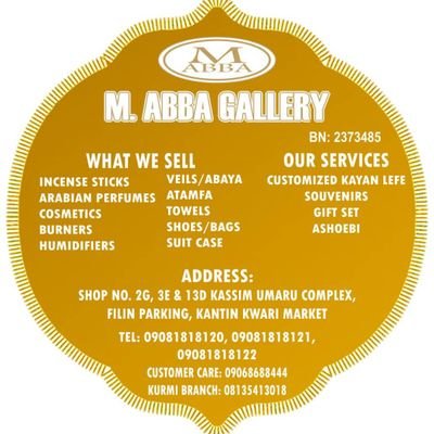 MabbaGallery's profile picture. The Official #MAbbaTradingCompany account, Dealers in different kinds of Incense Sticks,Arabian Perfumes,Abayas,Veils,Towels, Fabrics, Cosmetic.Est.2008