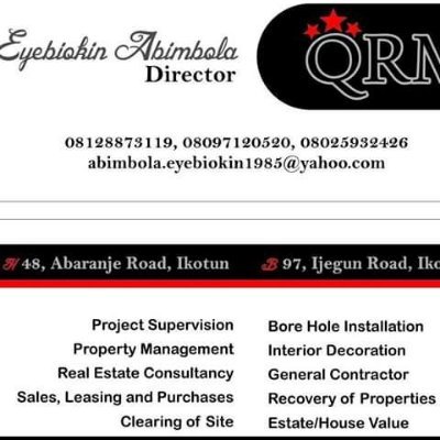 Real Estate facilitator, invesments, buying & sells of landed properties, lease, rents and industrial facilitators bore hole installation IG@abimbolaeyebiokin95