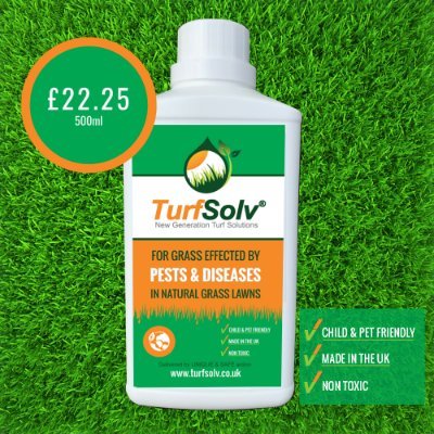 MADE IN UK. Chosen by keen gardeners, golf courses, sports club & lawn specialists TurfSolv® ALLEVIATES, RESTORES and aids RECOVERY Chafer Grub| Leatherjackets