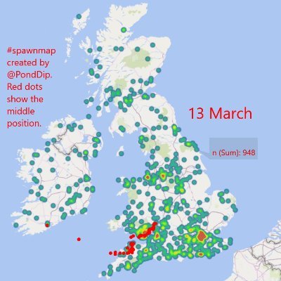 #spawnmap. Wildlife pond builder ‘89 & ‘20. Spawn 26/2/21, 5/3/22, 16/3/23, 26/2/24. Surface cam https://t.co/bzj4Nm74Fi