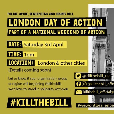 ❗️Info for #KillTheBill Campaign
UNITE AGAINST THE BILL ON 3 APRIL https://t.co/dGCIgzc3f7
✊🏾✊🏻✊🏼Protest is a democratic right
#WeWontBeSilenced
(Prev @killthebill_uk)