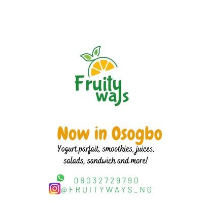 One stop shop in Osogbo for your Parfait, Milkshakes, nutritious smoothies, juices, meal plans, detox and healthy treats. Instagram: @fruityways_ng