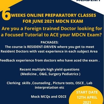 A FOCUSED, RESIDENT-DRIVEN TUTORIAL FOR FOREIGN-TRAINED DOCTORS IN NIGERIA PREPARING FOR THE MDCN EXAM.
ONLINE CLASSES RESUME ON 12TH APRIL

CONTACT-08030816018
