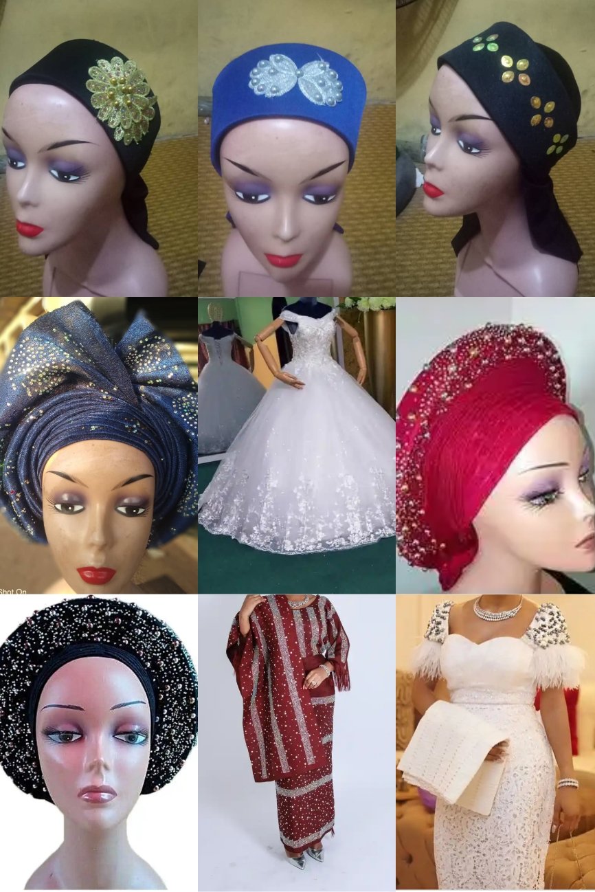||WE SELL|| SEW|| DESIGN|| ALL KIND OF CLOTHES ||AṢỌ ÒKÈ|| NATIVE|| ENGLISH WEARS|| WEDDING GOWNS||AUTO GELE||
Auto gele|CONFETTI• FASCINATOR|• EMBELLISHMENTS|•