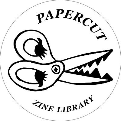 Logo for Papercut Zine shows a pair of scissors with eyes