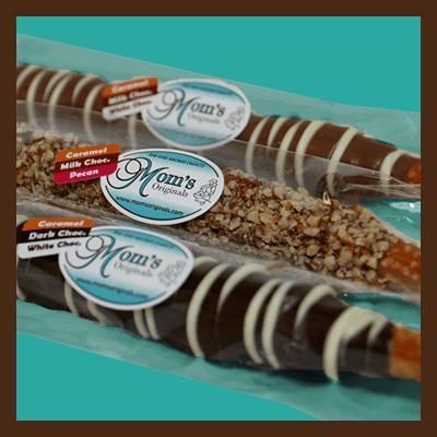 To follow all our tweets, head over to @MomsOriginals :: Impress from first glance to last bite - Gourmet Pretzels wrapped w/ Caramel, dipped in Chocolate.