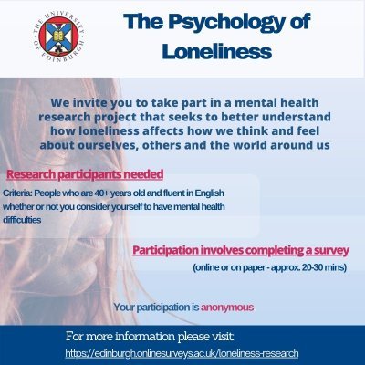 Through this study, we hope to better understand how loneliness affects how we think and feel about ourselves, others and the world around us. #loneliness