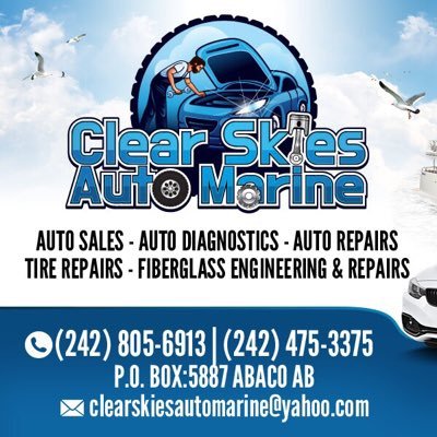 Clear Skies Auto Marine offers auto sales and repairs, small engine repairs, tire repairs and also fiberglass engineering & repairs in Abaco, Bahamas.