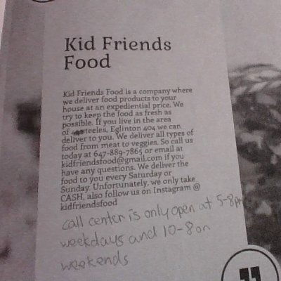 KidFriendsFood1's profile picture. Kid Friends food, if you live in Toronto and need some groceries delivered call us  647-889-7865 call center open 5-8pm weekdays and 10-8 weekends