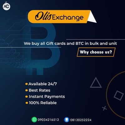 Trade your BTC and Giftcards with us today. 
We offer instant payments & reliable transactions at the best rates.
Contact us on WhatsApp: 09034216512