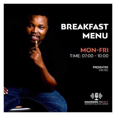 RADIO DJ/PRESENTER📻|ACTOR🎬📺🎥-MOTIVATIONAL SPEAKER |MC-ENTERTAINER🍷|MOTSWANA WA TOTA-CEO OF MR NIC PRESENTER OF THE YEAR
bookings tshepisosesinyi@gmail.com