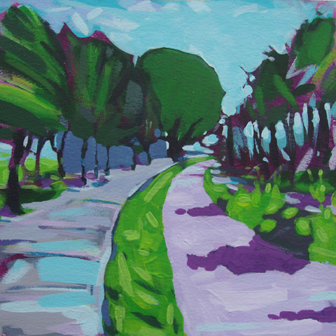 UK landscape painter, who paints the world in simplified forms, with strong lines of perspective and a colourful palette